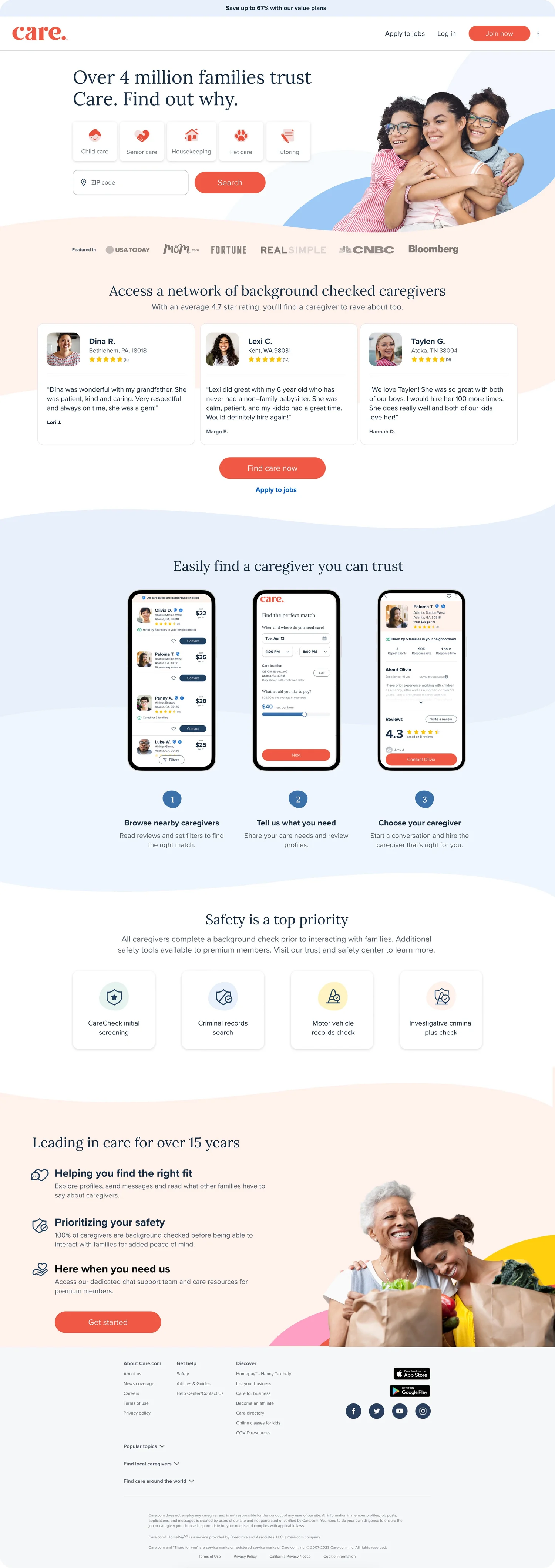 Care.com homepage — after the redesign